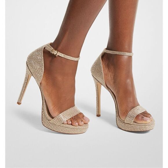 MICHAEL MICHAEL KORS Jordyn Embellished Glitter Chain Mesh Platform Sandal Gold - Picture 1 of 12